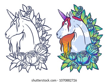 Magical cute unicorn illustration, cartoon fantasy animal. Contour for coloring card and shirt art for girl isolated on white. Dream symbol. Design for children