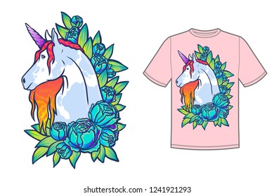 Magical cute unicorn illustration, cartoon fantasy animal card and shirt art for girl isolated on white. Dream symbol. Design for children