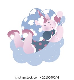 Un lindo unicornio mágico en una nube. Feliz. Dulces. Ilustración vectorial plana. Aislado.