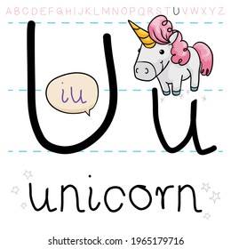 Unicornio mágico y lindo listo para la lección de gramática, aprendiendo la letra 'U' del alfabeto.