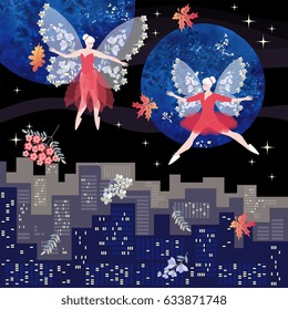 Magical dance of beautiful winged fairies over the night city.  Fantasy vector illustration. Square card.