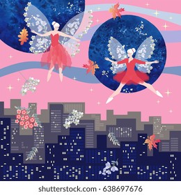 Magical dance of beautiful winged fairies over the city at dawn. Fantasy vector illustration. Square card.