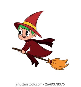 Magical day cute Halloween little witch with magical hat. Happy and smiling funny witch. Line art element collection	