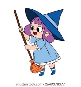 Magical day cute Halloween little witch with magical hat. Happy and smiling funny witch. Line art element collection	