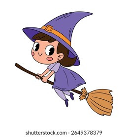 Magical day cute Halloween little witch with magical hat. Happy and smiling funny witch. Line art element collection	