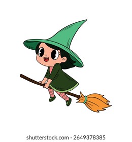Magical day cute Halloween little witch with magical hat. Happy and smiling funny witch. Line art element collection	