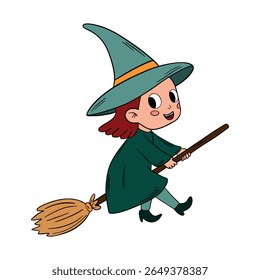 Magical day cute Halloween little witch with magical hat. Happy and smiling funny witch. Line art element collection	