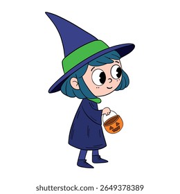 Magical day cute Halloween little witch with magical hat. Happy and smiling funny witch. Line art element collection	
