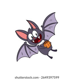 Magical day Halloween. Cute smiling flying bat cartoon. Line art element collection 