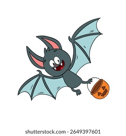 Magical day Halloween. Cute smiling flying bat cartoon. Line art element collection 