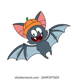 Magical day Halloween. Cute smiling flying bat cartoon. Line art element collection 