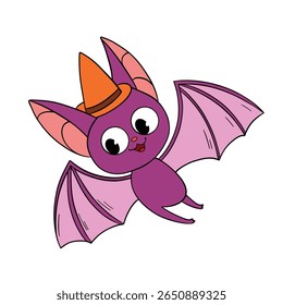 Magical day Halloween. Cute smiling flying bat cartoon. Line art element collection 