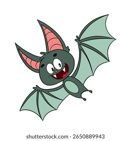 Magical day Halloween. Cute smiling flying bat cartoon. Line art element collection 