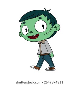 Dia das Bruxas mágico. Fantasia de máscara de ideia de zumbi bonito. Feliz e sorridente engraçado monstro pele verde. Coleção de elementos de arte de linha 