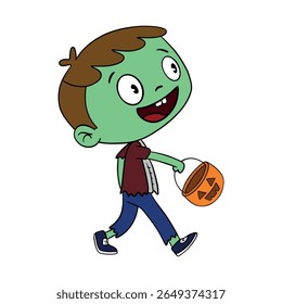Magical day Halloween. Cute zombie cartoon idea mask costume. Happy and smiling funny green skin monster. Line art element collection 