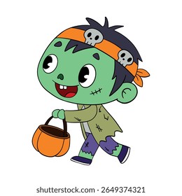 Dia das Bruxas mágico. Fantasia de máscara de ideia de zumbi bonito. Feliz e sorridente engraçado monstro pele verde. Coleção de elementos de arte de linha 