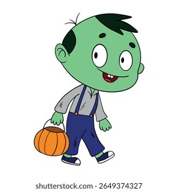 Dia das Bruxas mágico. Fantasia de máscara de ideia de zumbi bonito. Feliz e sorridente engraçado monstro pele verde. Coleção de elementos de arte de linha 