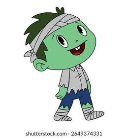 Dia das Bruxas mágico. Fantasia de máscara de ideia de zumbi bonito. Feliz e sorridente engraçado monstro pele verde. Coleção de elementos de arte de linha 