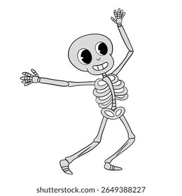 Magical day Halloween. Dancing and moving magical skeleton. Happy and smiling funny comical. Line art element collection