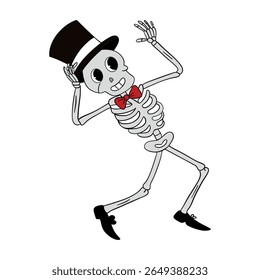 Magical day Halloween. Dancing and moving magical skeleton. Happy and smiling funny comical. Line art element collection