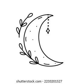 Magical decorated crescent isolated on white background. Vector hand-drawn illustration in doodle style. Perfect for cards, decorations, logo.