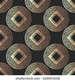 A magical design with a gold gradient. Engraving. Isolated on black transparent background. Seamless pattern. Vector illustration for web design or print.