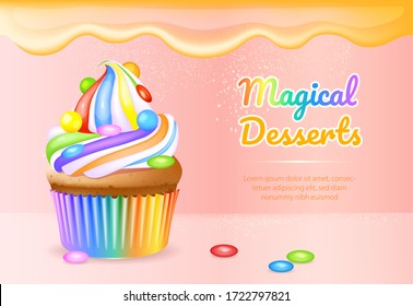 Magical desserts realistic vector product ads banner template. Cupcake with dragee and cream 3d mock up design. Sweet pastry advertisement horizontal printable flyer, brochure with text space