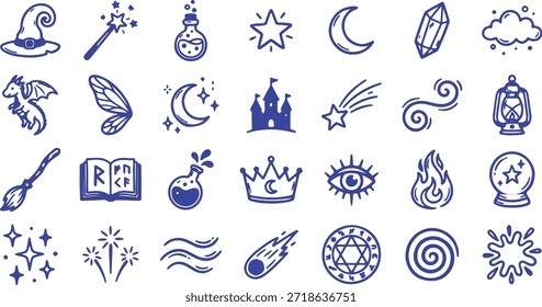 Magical doodle art featuring witch hat, wand, potion, moon icons in whimsical line style for fantasy, magic, illustration themes