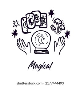 Magical Doodle Postcard. Vector Illustration of Mystery Witch Greeting Card.