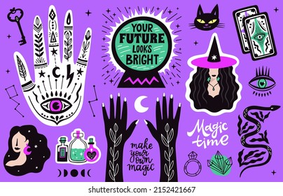 Conjunto de iconos de la ilustración mágica de la bruja del doodle. Mágica y brujería, elementos de alquimia esotérica de brujas. Ilustración vectorial.