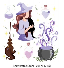 Magical doodle witch illustration  set. Magic and witchcraft, witch . Vector illustration
