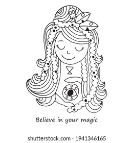 Magical doodle witch illustration. Vector illustration. Cute girl with magic crystal ball with eye.