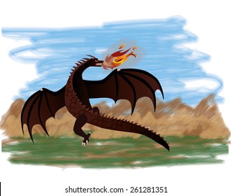 Magical dragon flying, vector illustration