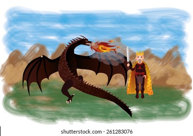 Magical dragon and king, vector illustration