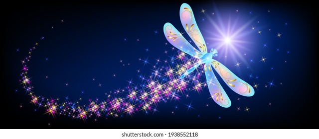 Magical dragonfly with sparkle and blazing trail flying in night sky among shiny glowing stars in cosmic space. Animal protection day concept.