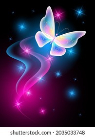 Magical dragonfly with sparkle and blazing trail flying in night sky among shiny glowing stars in cosmic space. Animal protection day concept.