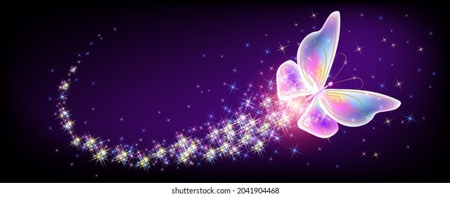 Magical dragonfly with sparkle and blazing trail flying in night sky among shiny glowing stars in cosmic space. Animal protection day concept.