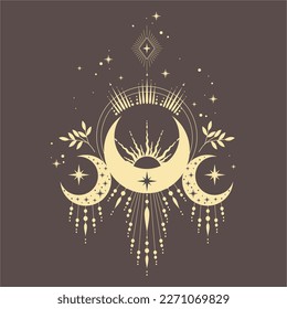 Magical drawing of the moon , tarot cards, boho illustration, magic card and tattoo. Vector hand drawing