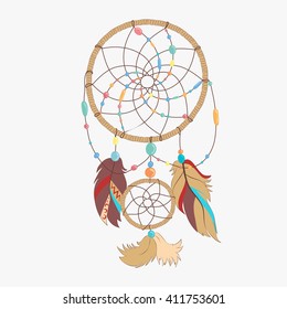 Magical dream catcher with sacred feathers to catch dreams pictogram icon abstract vector illustration. Dream catcher with Indian vector feather.