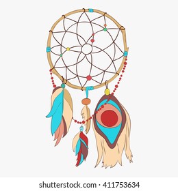 Magical dream catcher with sacred feathers to catch dreams pictogram icon abstract vector illustration. Dream catcher with Indian vector feather.