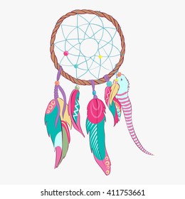 Magical dream catcher with sacred feathers to catch dreams pictogram icon abstract vector illustration. Dream catcher with Indian vector feather.