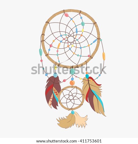 Magical dream catcher with sacred feathers to catch dreams pictogram icon abstract vector illustration. Dream catcher with Indian vector feather.
