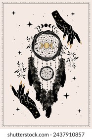 Magical dreamcatcher and women hands. Occult esoteric vintage tarot card. Vector boho illustration.