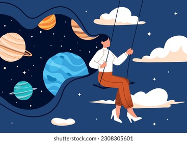 Magical dreams concept. Woman swings against background of starry sky. Imagination and fantasy. Psychology and mental health, mindfulness. Galaxy and universe. Cartoon flat vector illustration