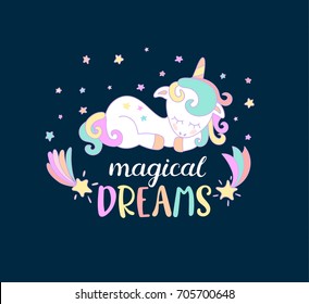 Magical dreams lettering from unicorns.. Vector illustration for you design.