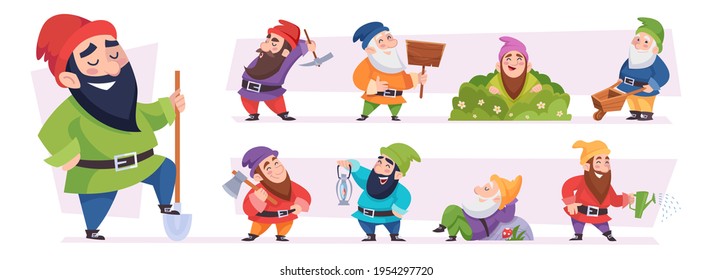Magical dwarf. Fairytale garden gnomes game characters exact vector fantasy persons in cartoon style