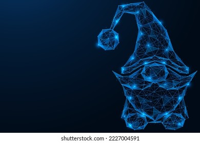 Magical dwarf. Low-poly design of interconnected lines and dots. Blue background.