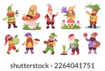 Magical dwarfs. Cartoon little gnomes, fairy tale elf character garden gnome with home decoration lantern mushroom apple, funny small elves friends, ingenious vector illustration of gnome character