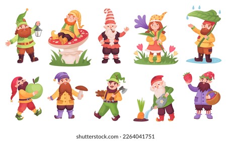 Magische Zwerge. Cartoon kleine Zwerge, märchenhafte Elf-Charakter-Garten-Gnome mit hausgemachtem Laternenpilzapfel, lustige kleine Elfen Freunde, geniale Vektorgrafik von Gnome-Charakter