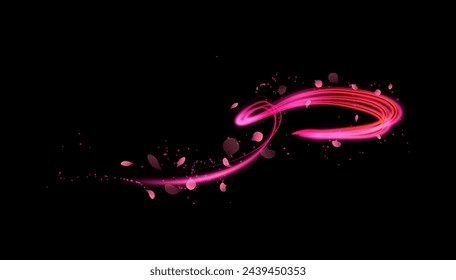 A magical effect with a double neon pink glow and swirling spirals on a black background. Vector with shiny stars and light curves for fantastic designs.